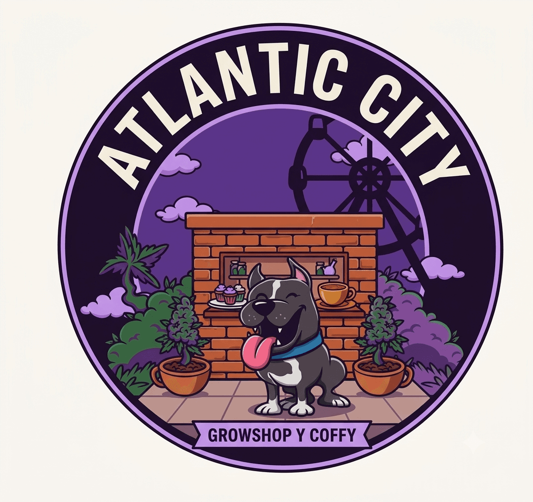 Logo de Atlantic City Coffy Grow: un pitbull sonriente frente a un puesto de ladrillo con café y cupcakes, con plantas y una rueda de la fortuna de fondo