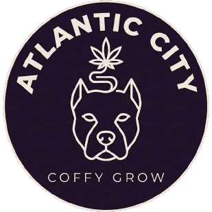 Atlantic City · Coffy Grow, isotipo circular de un pitbull con hoja de cannabis
